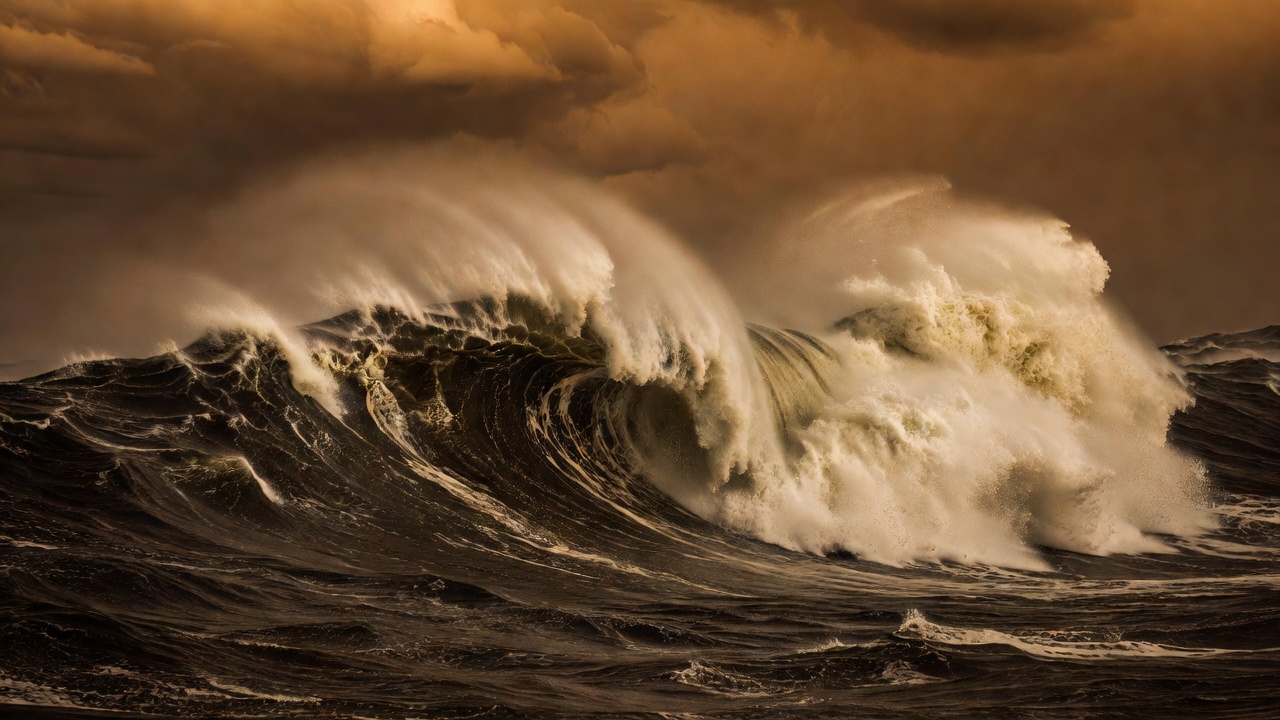 Warm monochrome wave crest breaking over a dark, textured ocean